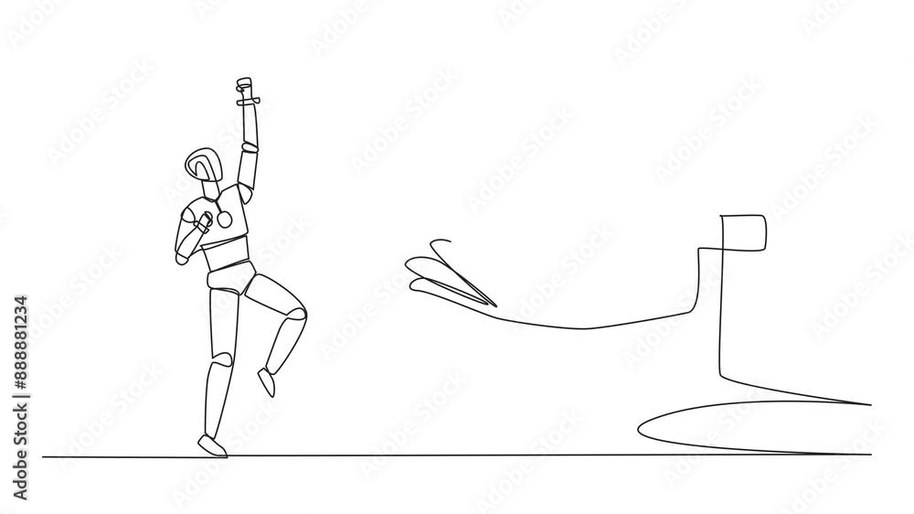 Poster self drawing animation of continuous one line drawing a smart robot was happy to get medal award fro
