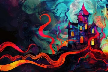 Obraz premium Vibrant surreal painting of a haunted house with swirling colors, glowing windows, and eerie atmosphere.
