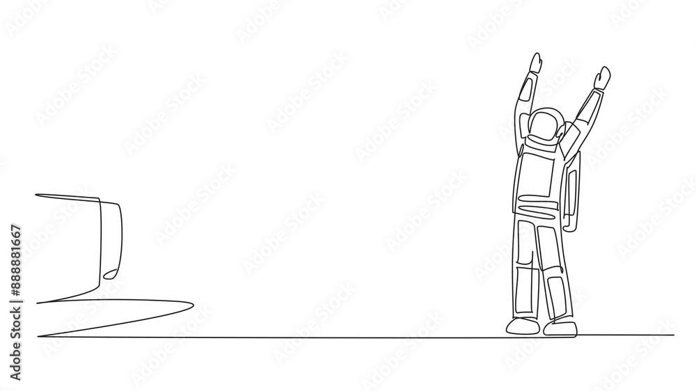 Poster self drawing animation of single one line drawing astronaut was excited to get the briefcase from a 