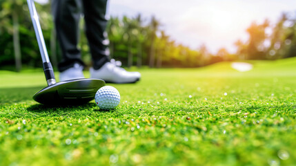 After hitting the ball precisely, the golfer makes an energetic movement with a wooden club.
