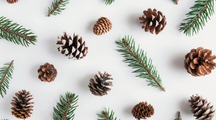Festive Flatlay with Fir Branches and Pinecones on White Background