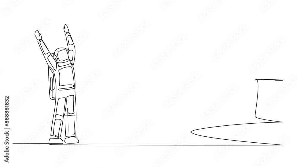 Poster animated self drawing of continuous one line drawing astronaut excited to get dollar symbol coin fro