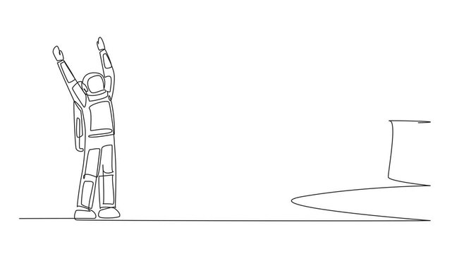 Animated self drawing of continuous one line drawing astronaut excited to get dollar symbol coin from a giant hand. Gold money. Space mission success. Cosmonaut outer space. Full length animation