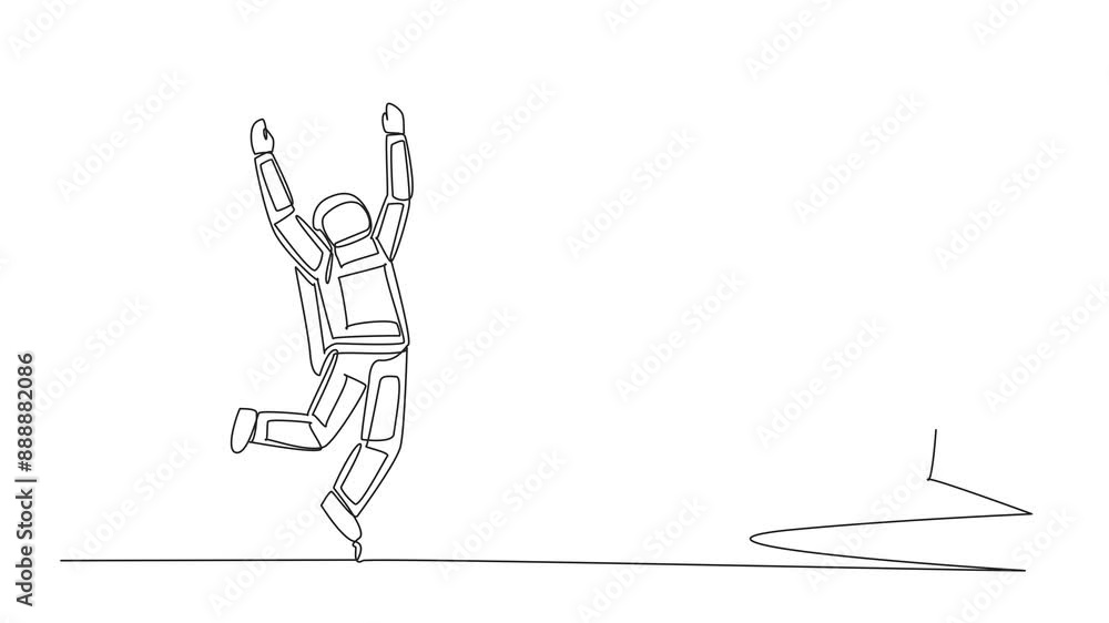 Poster animated self drawing of single continuous line drawing astronaut happy to get rocket from the giant