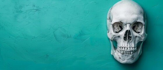  A white skull on the wall next to a blue section, with a green background behind it