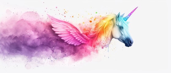 pink, purple, and yellow wings against a pristine white backdrop with speckled splashes of paint