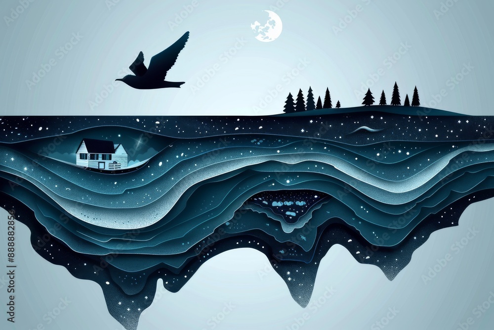 Poster surreal blue and black layered ocean scene with a boat and flying birds creating a dynamic and myste