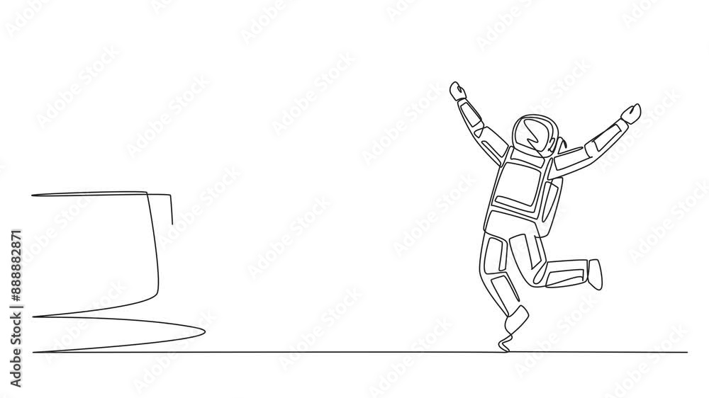 Poster animation of a single one line drawing astronaut excited to get an alarm clock from the giant hand. 