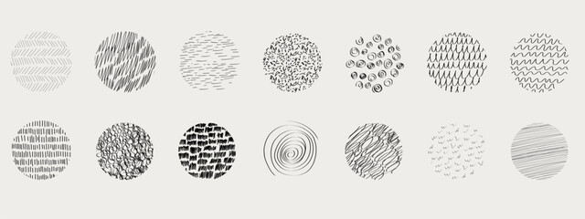 Textures set, collection hand drawn abstract monochrome brush marks. Doodle shapes spots, drops, curves and lines. Contemporary modern trendy