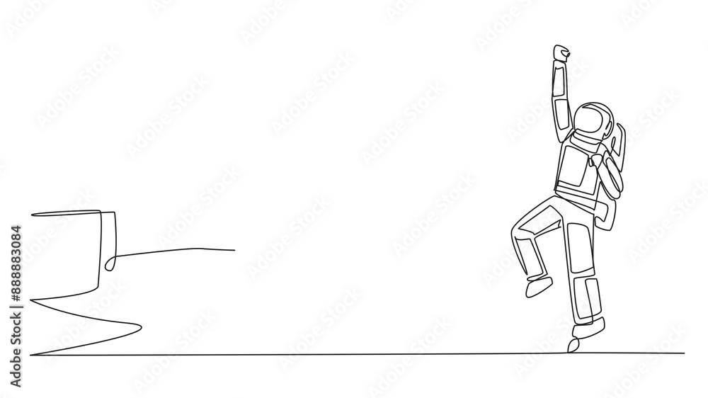 Poster animation of a single one line drawing astronaut was excited to get a safe deposit box from a giant 