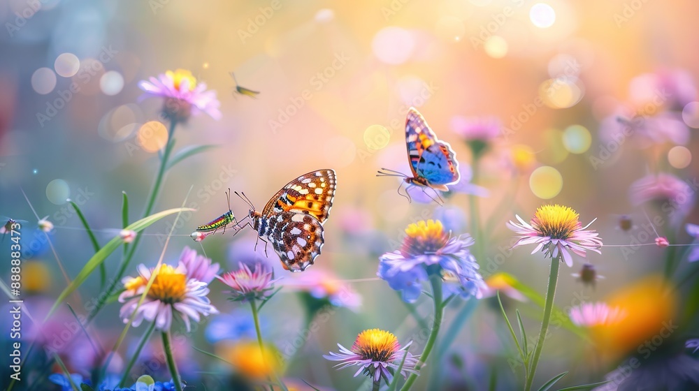 Poster macro photo of a field of colorful flowers with beautiful butterflies fluttering with soft warm ligh