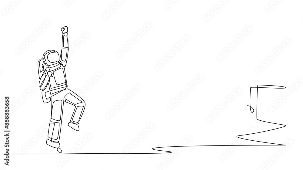 Aufkleber animation of a single one line drawing astronaut excited to get the globe from a giant hand. the spa