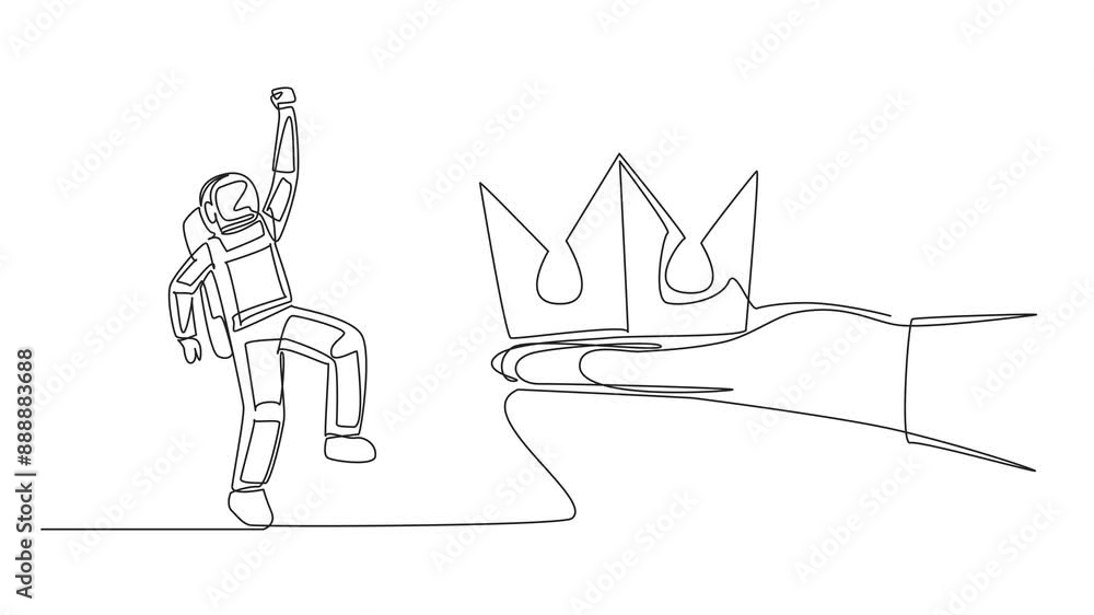 Aufkleber self drawing animation of continuous one line drawing astronaut happy to get the crown from a giant 