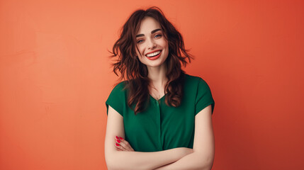 Obraz premium Beautiful happy woman on orange background