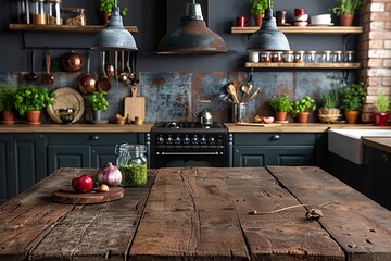 16. A polished dark mahogany wooden table top, perfect for a product montage. The blurred background reveals a high-end kitchen with glossy black cabinets, a marble backsplash, and stylish pendant