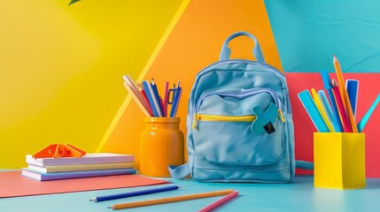 School backpack with mini pencil crayons on the side