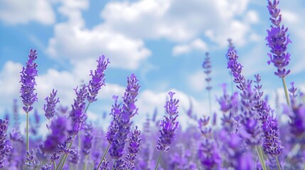 Obraz premium Purple lavender flowers grow abundantly in a vast flower field with a bright blue and cloudy sky in the background.