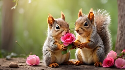 Cute squirrel offering a flower gift to its lover, fun wildlife, love and Valentine's day greeting card