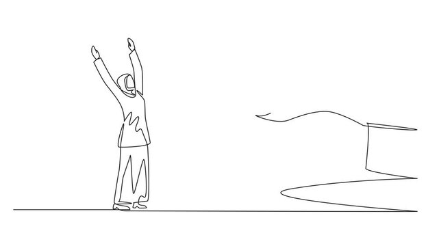Animation of continuous one line drawing Arabian businesswoman is excited to get dollar symbol coin from a giant hand. Good news. Always make a profit. Good teamwork. Full length motion