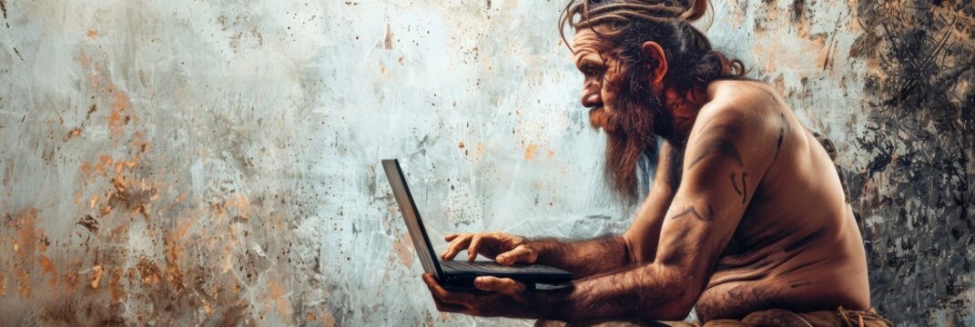 Ancient Stone Age Programmer, Prehistoric Programming, Neanderthal Man Working