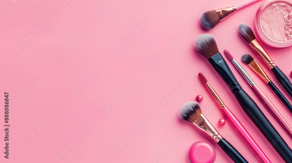 Poster cosmetics and brushes on pink background seen from above with empty space for text