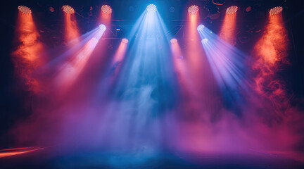 Naklejka premium Abstract background with stage lights and dramatic look, dark tones, bright accents, minimalistic design, dynamic lighting, modern feel. Generative AI.