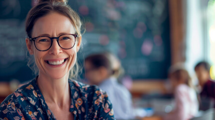 Portrait of a smiling teacher teaching children in a colorful kindergarten classroom.
