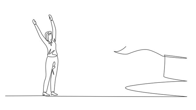 Animated self drawing of single continuous line drawing the businesswoman is excited to get a dollar symbol coin from giant hand. A little extra capital. Use it for profit. Full length animation