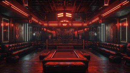 Luxurious cyberpunk speakeasy featuring a clandestine boxing ring in a subterranean level