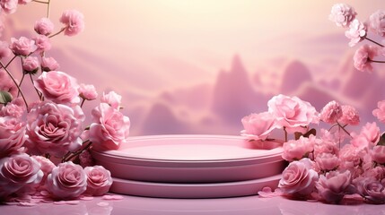 Podium background flower rose product pink 3d spring table beauty stand display nature white. Garden rose floral summer background podium cosmetic valentine easter field scene gift purple day romantic