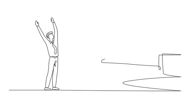 Animation of a continuous one line drawing the businessman is excited to get a dollar symbol coin from a giant hand. The most important gift. Can be used for urgent needs. Full length motion