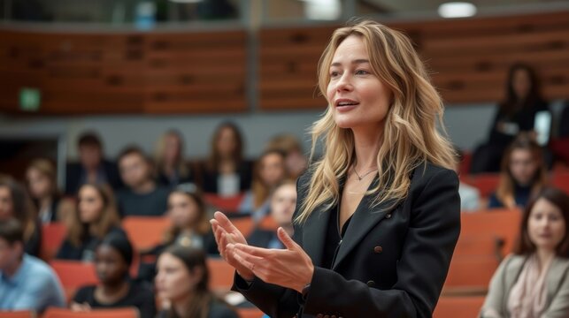 International Business Conference. Caucasian Female Tech CEO Talking With Male Host In Front Of Audience Of Diverse Attendees. Successful Woman Delivering Inspirational Speech For Women, Generative AI