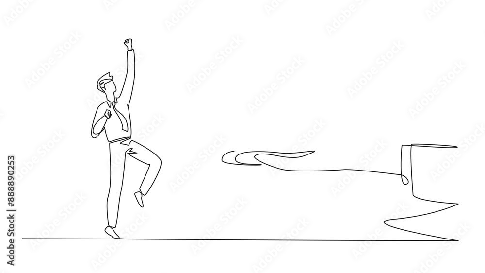 Poster animated self drawing of single continuous line drawing the businessman was excited to get a safe de
