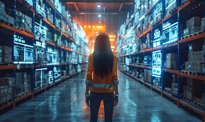 Fototapeta premium Technology Retail Warehouse. Worker Doing Inventory Walks when Digitalization Process Analyzes Goods, Cardboard Boxes, Products with Delivery Infographics in Logistics, Distribution, Generative AI