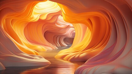 3D Rendered Cave with Yellow and Pink Wavy Surfaces