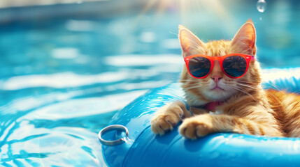 Cute orange cat wearing sunglasses. The cat is relaxing in a pool ring, Animal photography