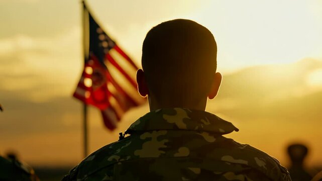 Silhouette of US soldier with American flag at sunset, patriotic military concept