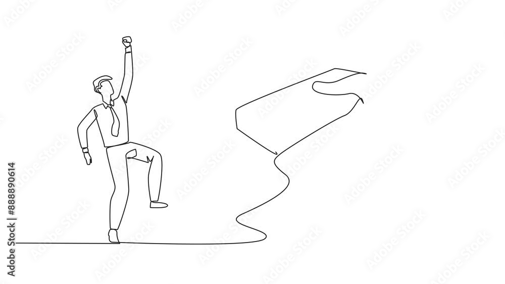 Sticker Animation of continuous one line drawing businessman was excited to get a stack of banknotes from a giant hand. Get a large capital injection from the board of directors. Full length motion