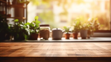 Wooden table on blurred kitchen bench background