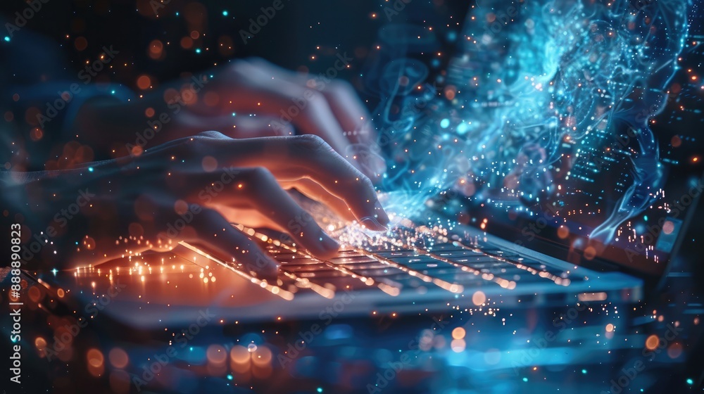 Leinwandbilder a person typing on their laptop, with digital data flowing out of the screen and glowing blue partic