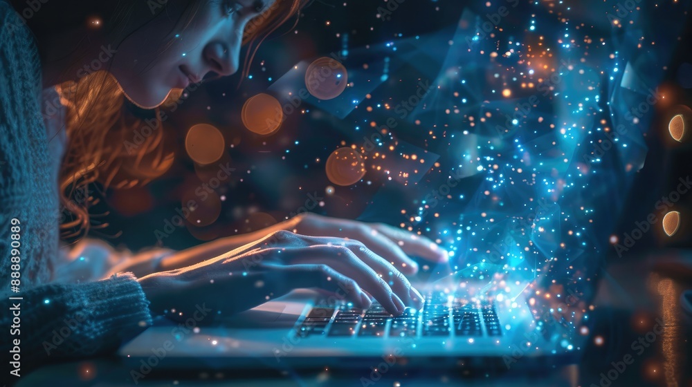 Leinwandbilder A person typing on their laptop, with digital data flowing out of the screen and glowing blue particles floating around them, representing technology. Generative AI.