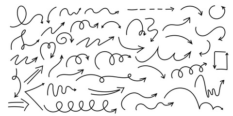 Spiral arrow doodle, wavy twist minimal squiggly line set. Curve comic turn way direction. Playful quirky simple free hand elements. 