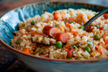 Gourmet fried rice with slices of sausage, green beans and carrots in a rustic  plate. 
