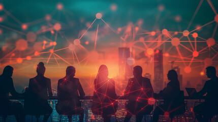 Silhouettes of business people brainstorming and collaborating in a conference setting