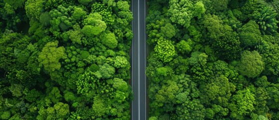 Aerial view of a road cutting through lush green forest canopy.