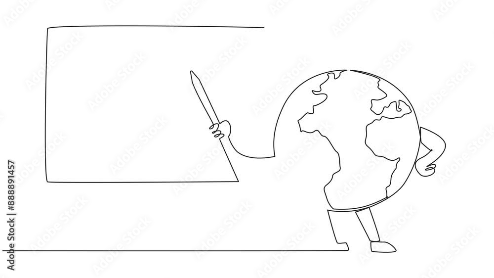 Poster animation of a single one line drawing globe holds a stick while pointing towards the blackboard. ex