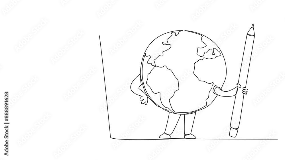 Poster animation of single continuous line drawing the globe poses holding a large pencil in front of a cli