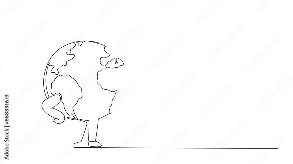 Poster self drawing animation of continuous one line drawing globe using a toy hand. the best call and invi
