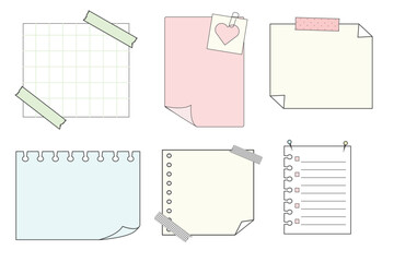 Memo sticky notes, sheet reminder, color office or school pages with tape, marks, pin, paperclip frames doodle style. Notebook bullet dairy list, funny retro drawing.