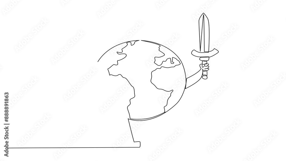 Aufkleber animation of a continuous one line drawing globe holds a shield and sword. guardian of the earth. al